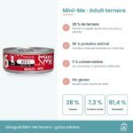 Infografía de Mini-Me Adult ternera: beneficios, 7,3 % de proteína bruta y ración diaria