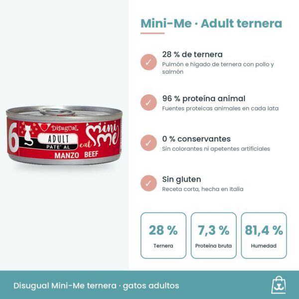 Infografía de Mini-Me Adult ternera: beneficios, 7,3 % de proteína bruta y ración diaria