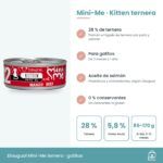 Infografía de Mini-Me Kitten ternera: beneficios, 7,3 % de proteína bruta y ración diaria