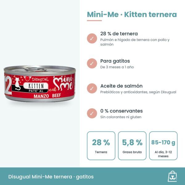 Infografía de Mini-Me Kitten ternera: beneficios, 7,3 % de proteína bruta y ración diaria