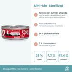Infografía de Mini-Me Sterilized ternera: beneficios, 7,3 % de proteína bruta y ración diaria