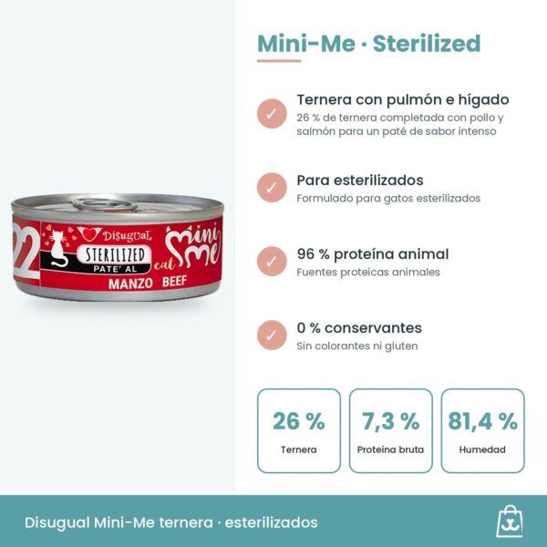 Infografía de Mini-Me Sterilized ternera: beneficios, 7,3 % de proteína bruta y ración diaria
