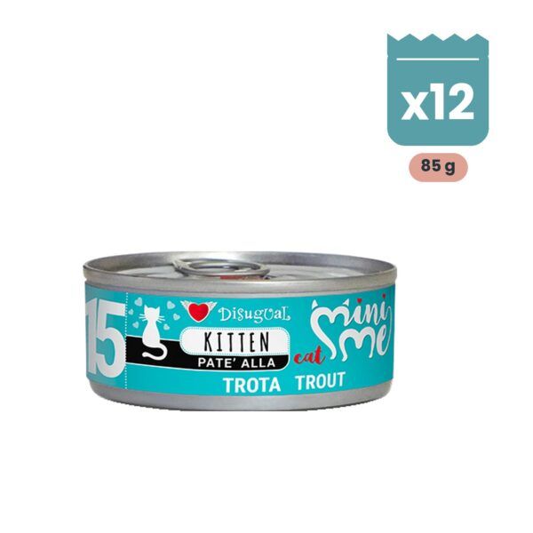 Pack de 12 latas de 85 g de Disugual Mini-Me paté de trucha para gatos cachorros