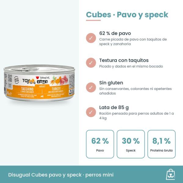 Infografía con la composición y los beneficios de la receta de pavo, speck y zanahorias