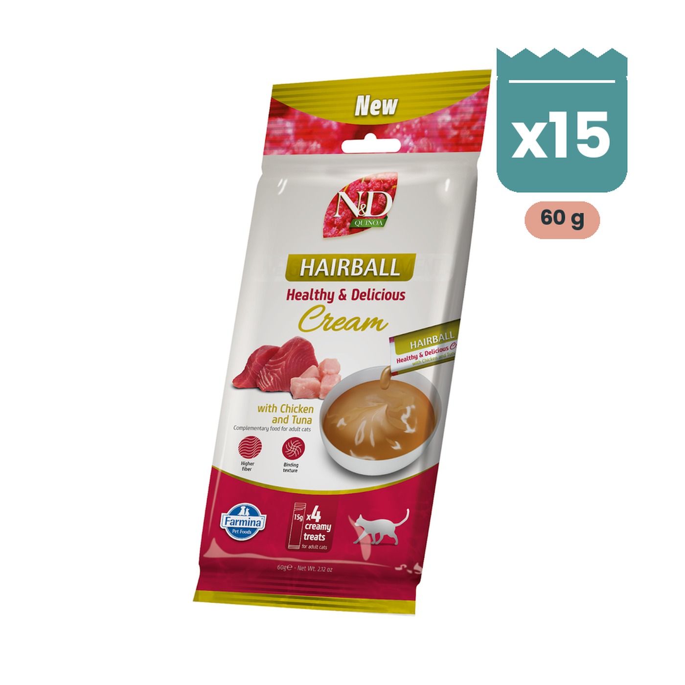 Farmina N&D Quinoa Hairball Creamy Treat Snack Cremoso de Pollo y Atún para Gatos 15x60 g Farmina N&D Quinoa Hairball Creamy Treat Snack Cremoso de Pollo y Atún para Gatos 15x60 g