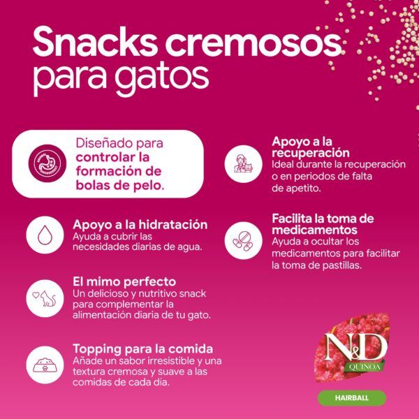 Farmina N&D Quinoa Hairball Creamy Treat Snack Cremoso de Pollo y Atún para Gatos 15x60 g