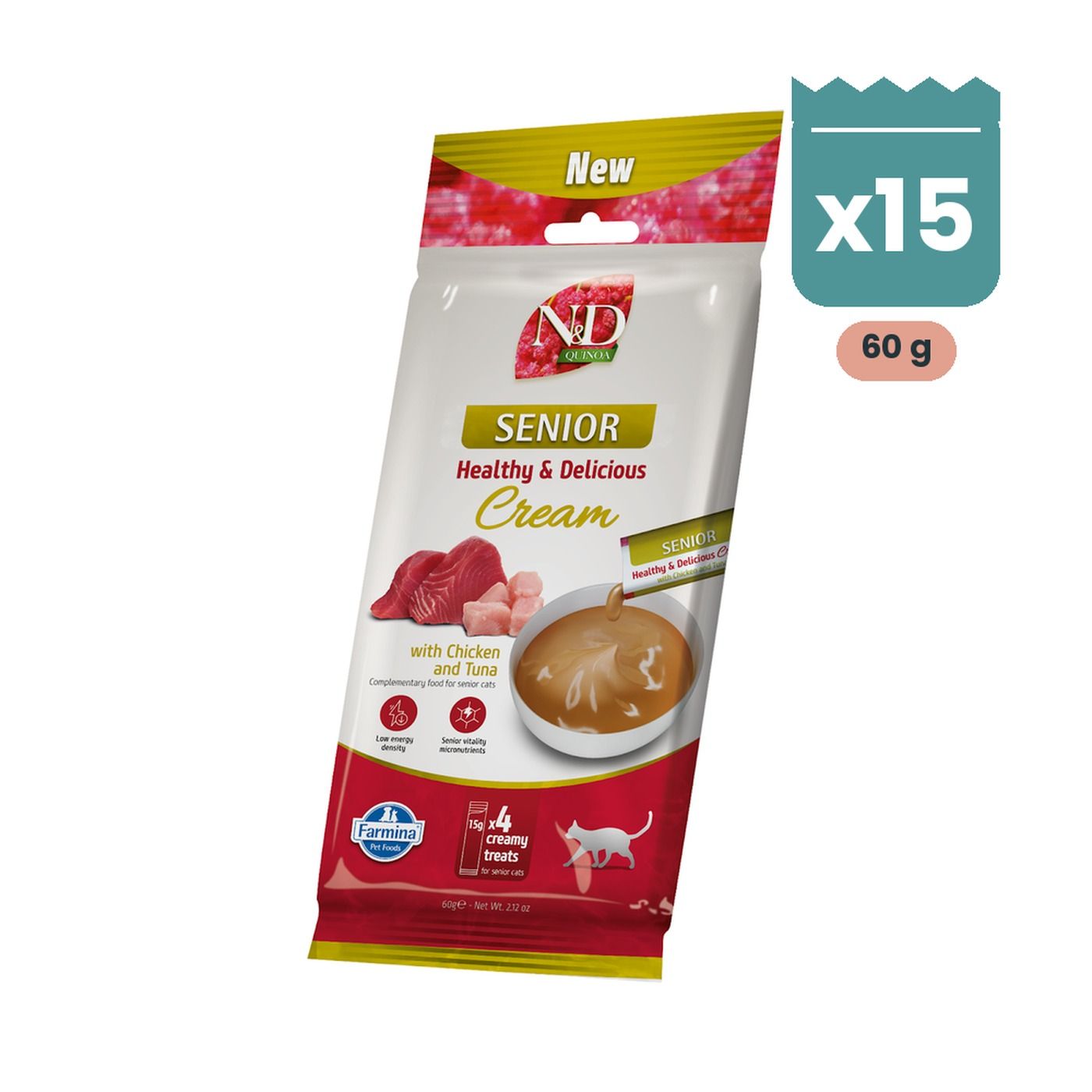 Farmina N&D Quinoa Senior Creamy Treat Snack Cremoso de Pollo y Atún para Gatos Sénior 15x60 g Farmina N&D Quinoa Senior Creamy Treat Snack Cremoso de Pollo y Atún para Gatos Sénior 15x60 g
