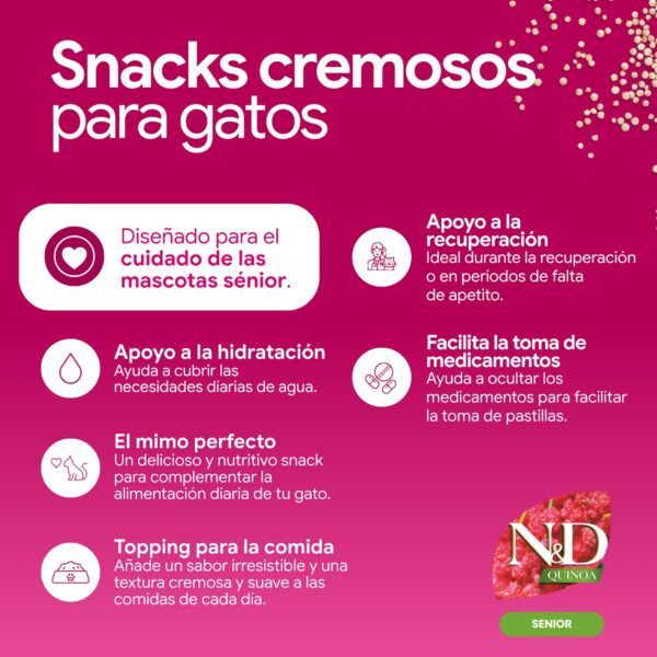 Farmina N&D Quinoa Senior Creamy Treat Snack Cremoso de Pollo y Atún para Gatos Sénior 15x60 g