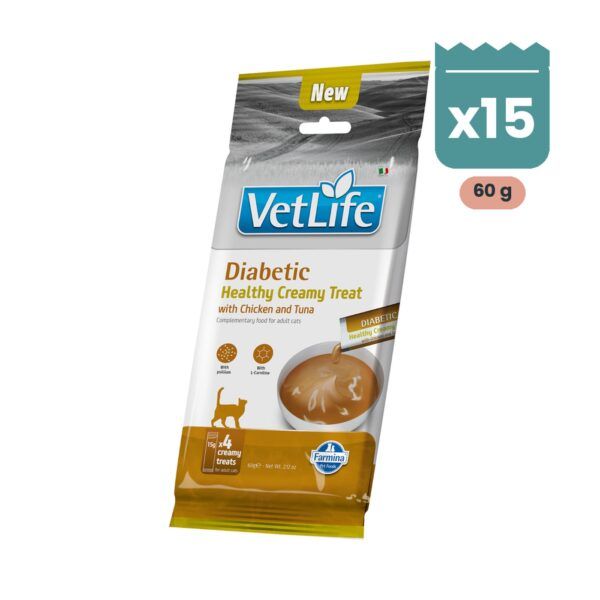 Farmina Vet Life Diabetic Creamy Treat Snack Cremoso de Pollo y Atún para Gatos 15x60 g