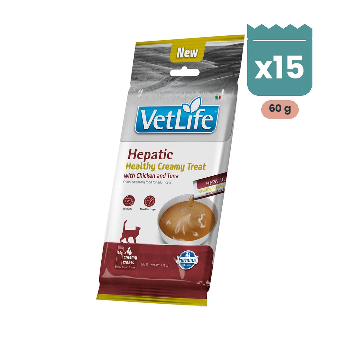 Farmina Vet Life Hepatic Creamy Treat Snack Cremoso de Pollo y Atún para Gatos 15x60 g Farmina Vet Life Hepatic Creamy Treat Snack Cremoso de Pollo y Atún para Gatos 15x60 g