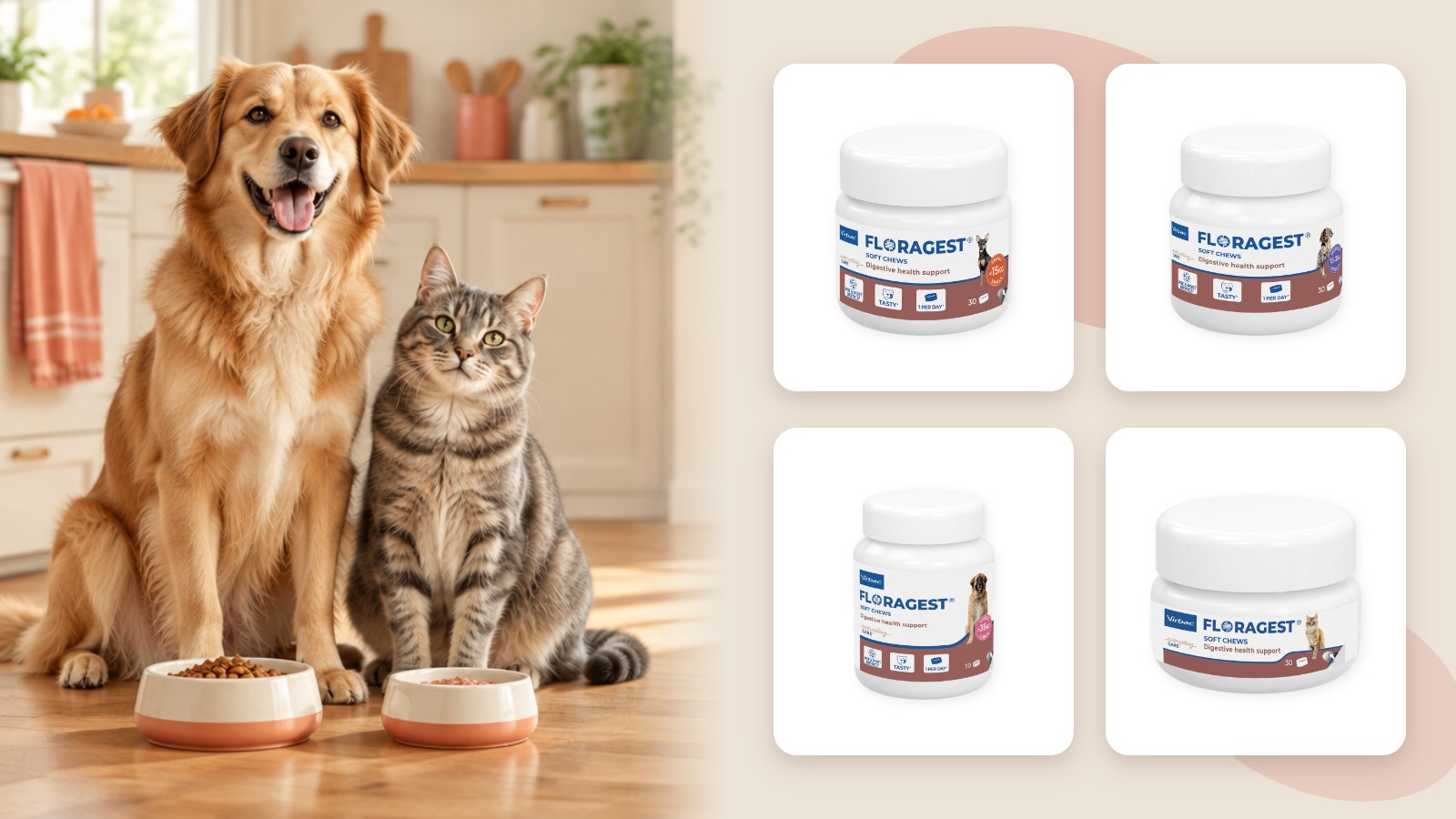 Floragest Virbac formatos Perro S, Perro M, Perro L y Gato para cuidar la microbiota de perros y gatos