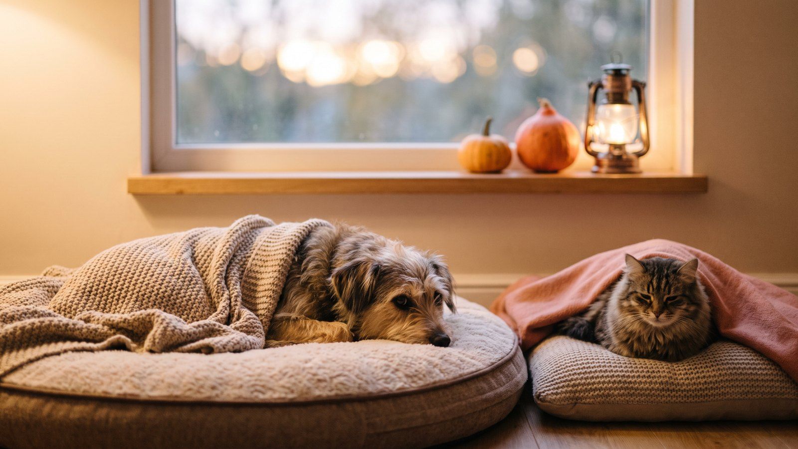 Perro y gato descansando tranquilos en su refugio de casa la noche de Halloween
