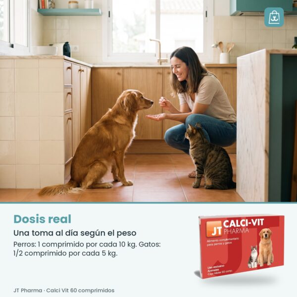 Persona ofreciendo un comprimido de Calci Vit en la palma de la mano a su perro