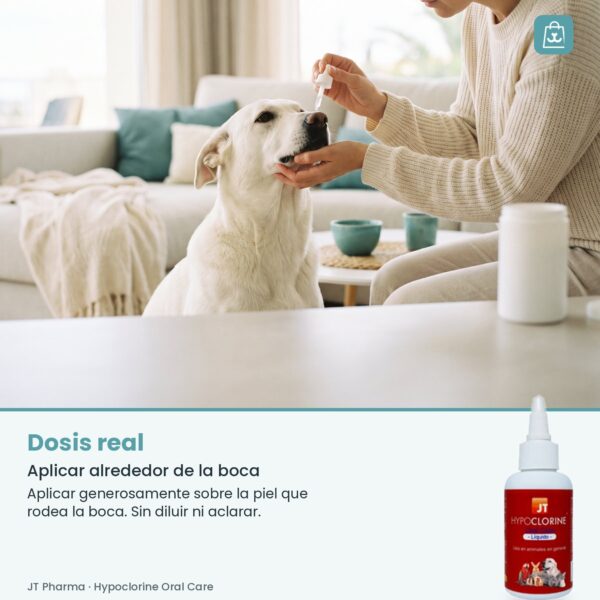 Persona aplicando Hypoclorine Oral Care con gotero alrededor de la boca de su perro