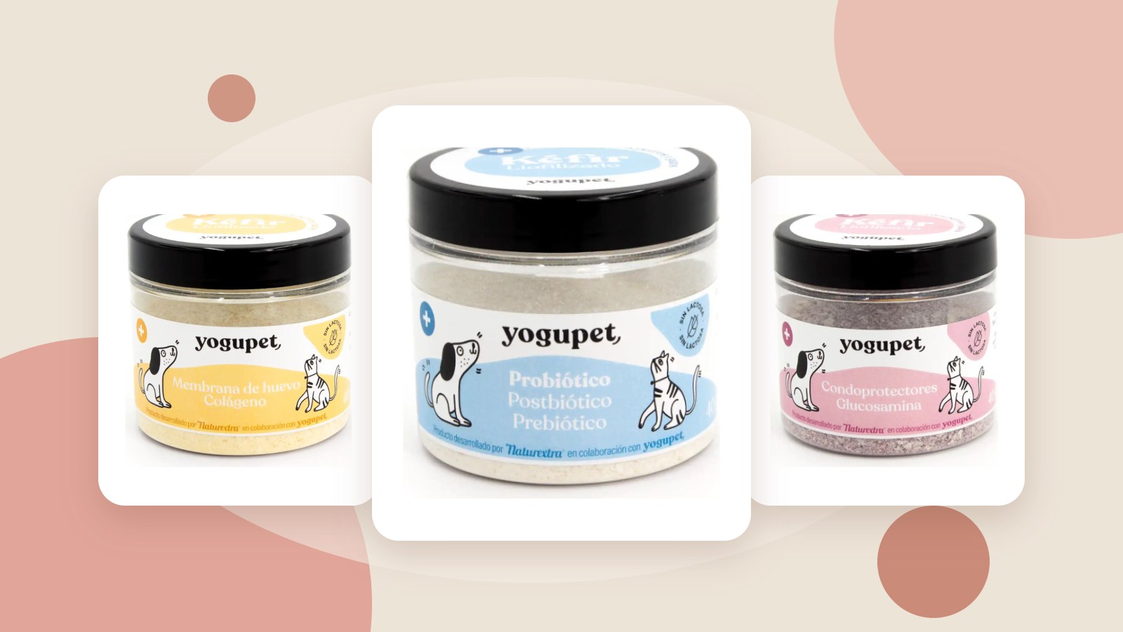 Tres botes de kéfir liofilizado Yogupet para perros y gatos: probiótico, con membrana de huevo y colágeno, y con glucosamina