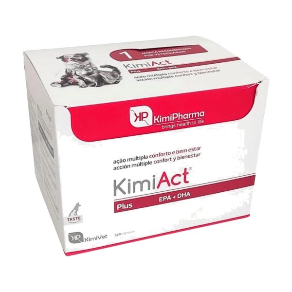Envase de 320 cápsulas de KimiAct omega-3 para perros y gatos de Kimipharma