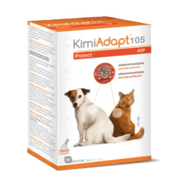 Envase de KimiAdapt 105, suplemento inmune en comprimidos para perros y gatos de más de 10 kg