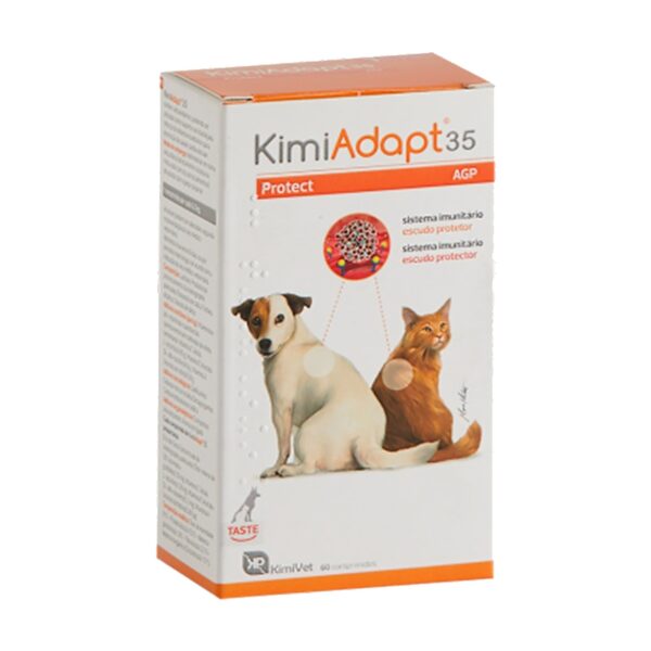 Envase de KimiAdapt 35, suplemento inmune en comprimidos para perros y gatos de menos de 10 kg