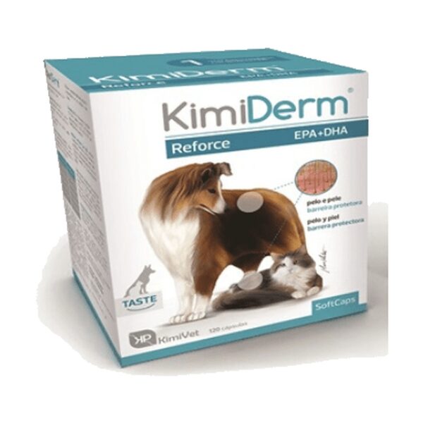 Envase de KimiDerm Reforce, cápsulas de omega-3 para la piel y el pelo de perros y gatos