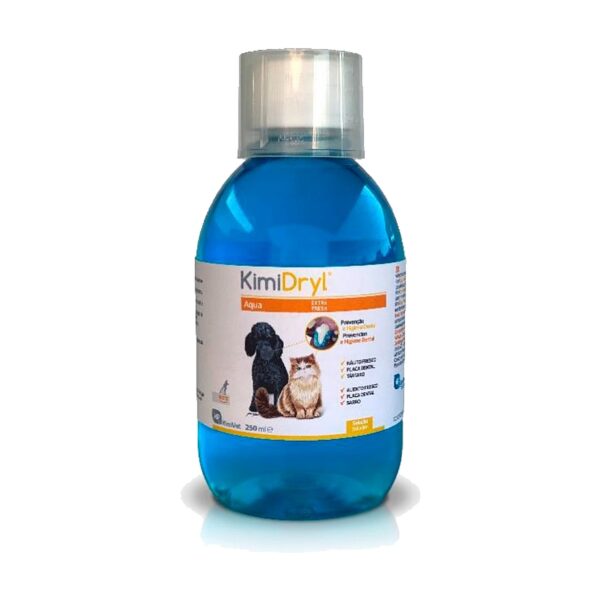 Frasco de 250 ml de la solución bucal KimiDryl Aqua para perros y gatos