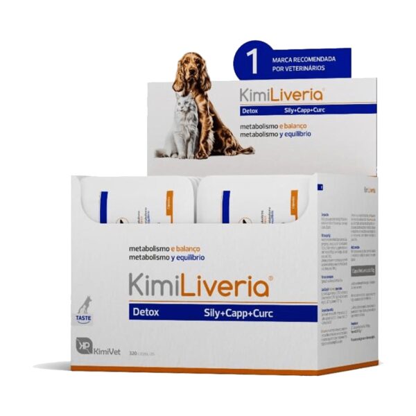 Envase de 320 cápsulas de Kimiliveria apoyo hepático para perros y gatos