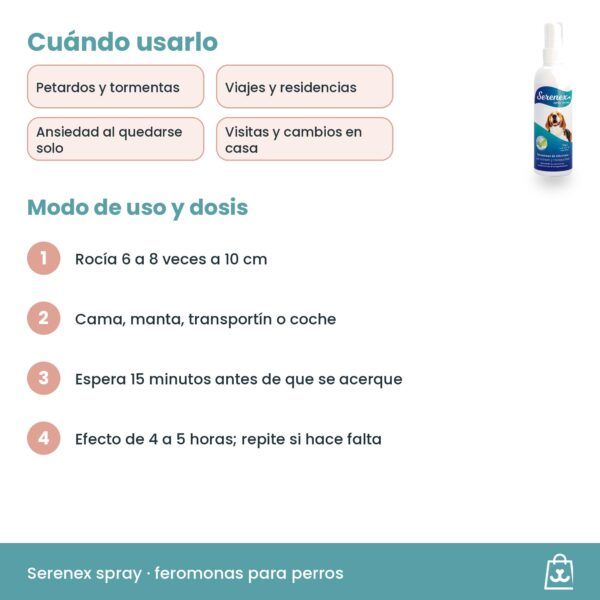 Cómo usar el spray Serenex para perros: 6 a 8 pulverizaciones a 10 cm