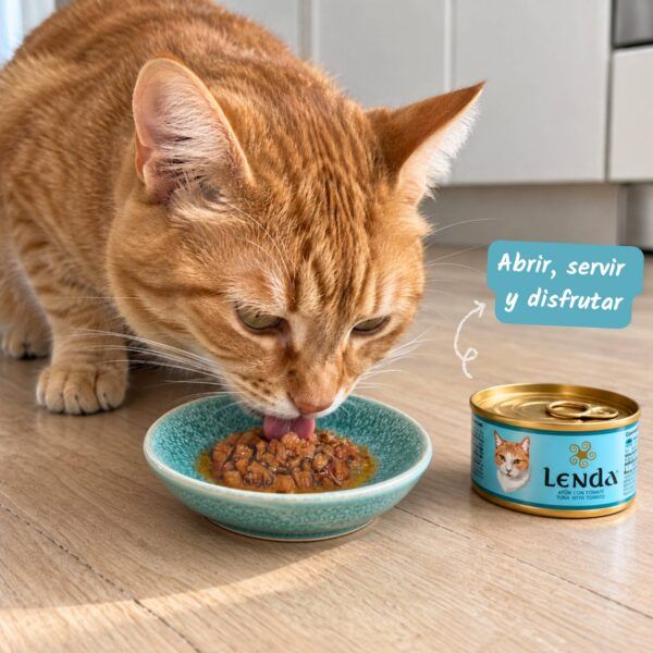 Gato atigrado comiendo Lenda Delicat atún con tomate junto a la lata