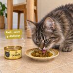 Gato comiendo Lenda Delicat pollo con vegetales junto a la lata