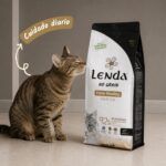 Gato atigrado oliendo el saco de pienso Lenda Farm Poultry