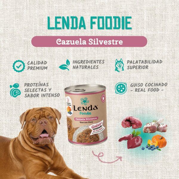 Perro dogo de Burdeos junto a una lata de guiso Lenda Foodie Cazuela Silvestre
