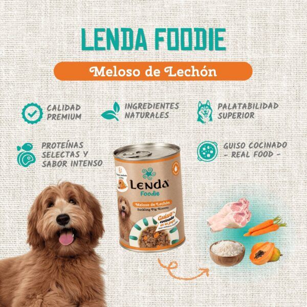 Perro de pelo rizado junto a una lata de guiso Lenda Foodie Meloso de Lechón