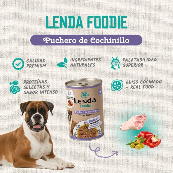 Perro bóxer junto a una lata de guiso Lenda Foodie Puchero de Cochinillo