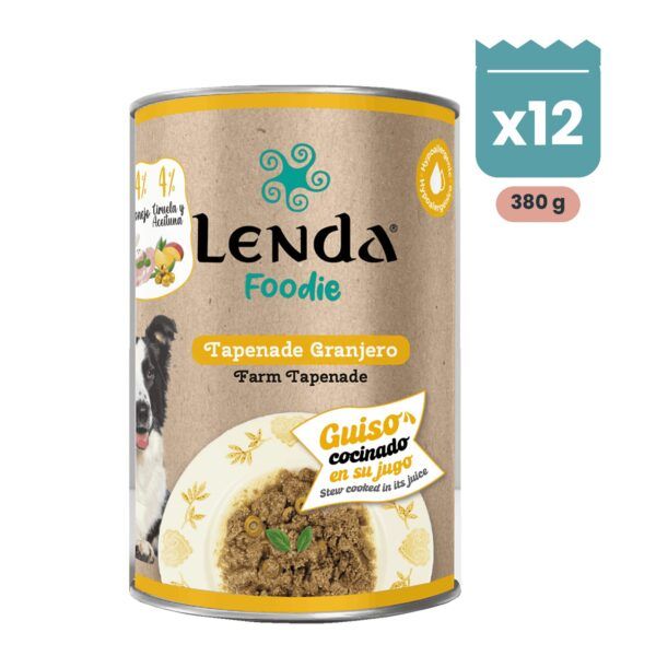 Pack de 12 latas Lenda Foodie Tapenade Granjero guiso de pato y conejo para perros de 380 g