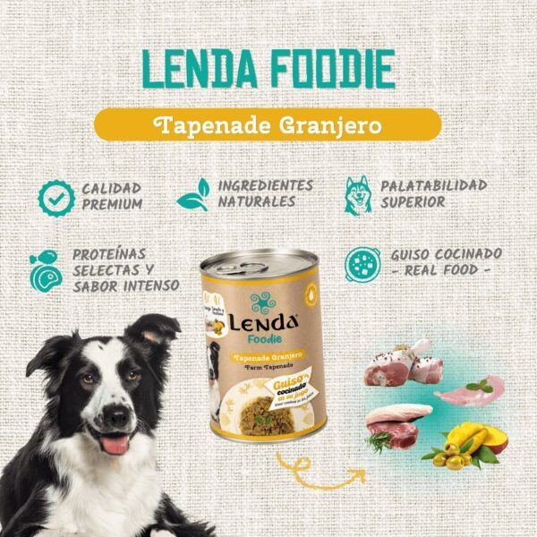 Perro border collie junto a una lata de guiso Lenda Foodie Tapenade Granjero