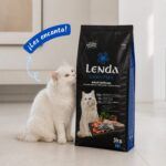 Gato blanco junto al saco de pienso Lenda Grain Free Delicate