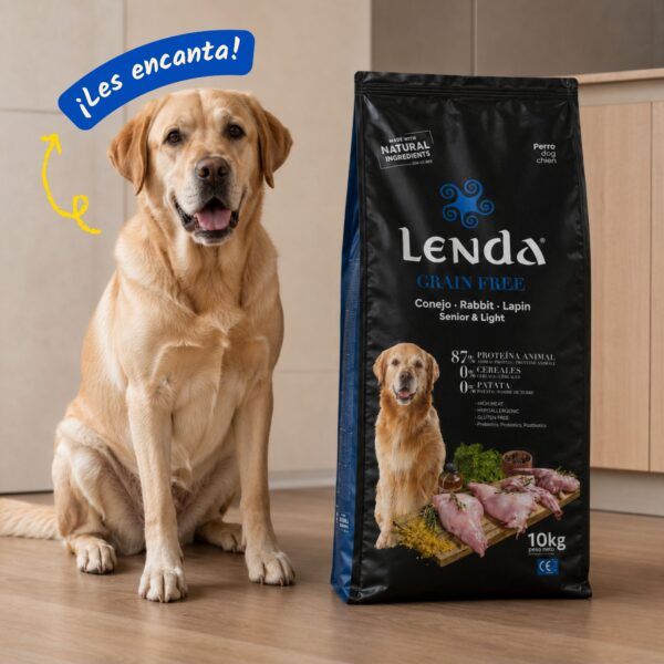 Perro senior junto al saco de Lenda Grain Free Light y Senior