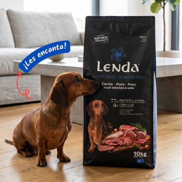 Perro teckel junto al saco de Lenda Grain Free Monoproteico Cerdo