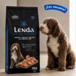 Perro de agua junto al saco de Lenda Grain Free Monoproteico Salmón
