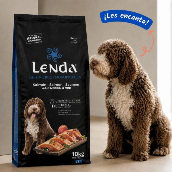 Perro de agua junto al saco de Lenda Grain Free Monoproteico Salmón