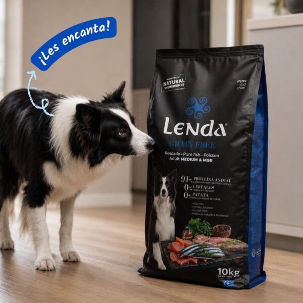 Perro junto al saco de Lenda Grain Free Pescado y Krill