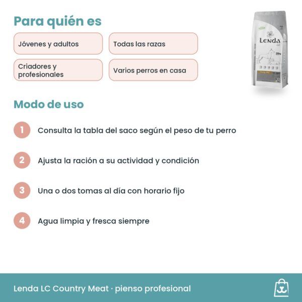 Pauta de uso de Lenda LC Country Meat: ración según tabla del saco, una o dos tomas y agua fresca