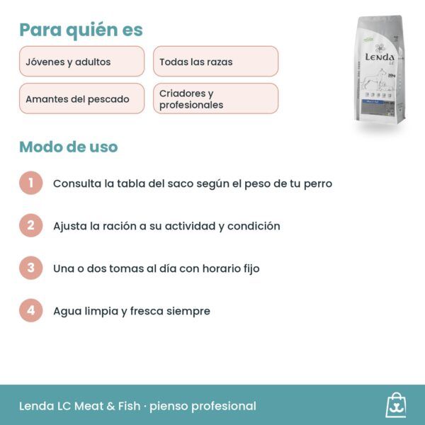 Pauta de uso de Lenda LC Meat & Fish: ración según tabla del saco, una o dos tomas y agua fresca