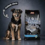 Perro mestizo junto al saco de pienso Lenda Nature Atún