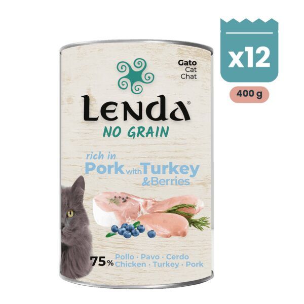 Pack de 12 latas Lenda paté sin cereales de cerdo con pavo y arándanos para gatos de 400 g
