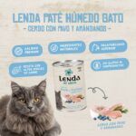 Gato gris junto a una lata de paté Lenda No Grain de cerdo con pavo y arándanos