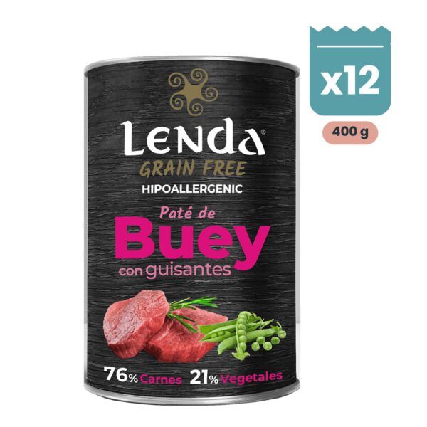 Pack de 12 latas Lenda paté de buey con guisantes para perros de 400 g