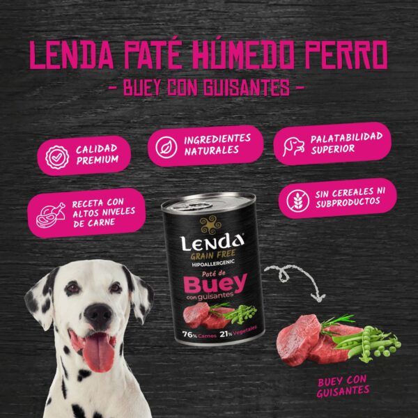 Perro dálmata junto a una lata de paté Lenda de buey con guisantes