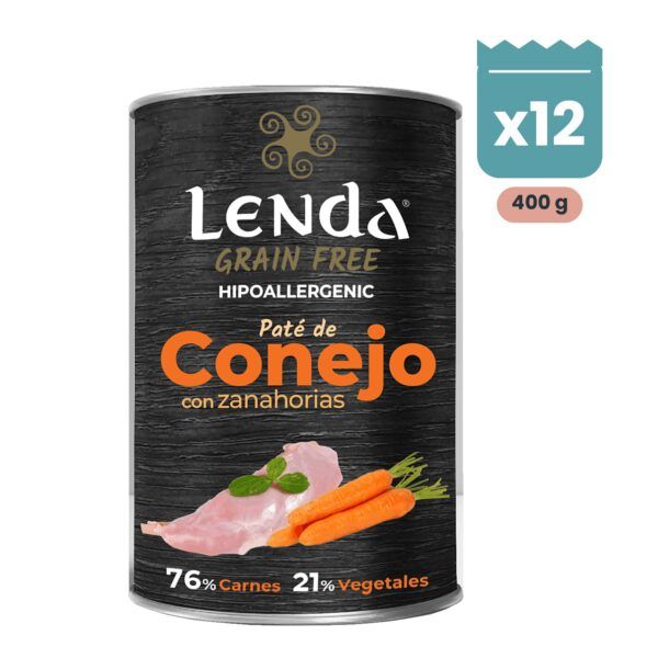 Pack de 12 latas Lenda paté de conejo con zanahorias para perros de 400 g