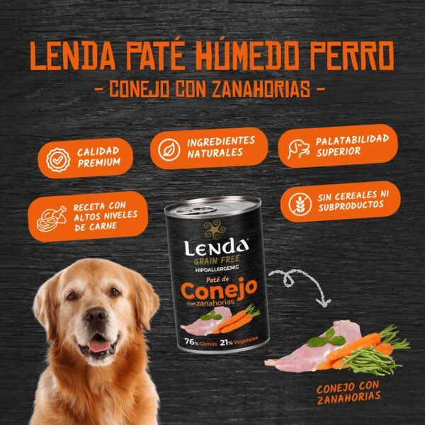 Perro golden junto a una lata de paté Lenda de conejo con zanahorias