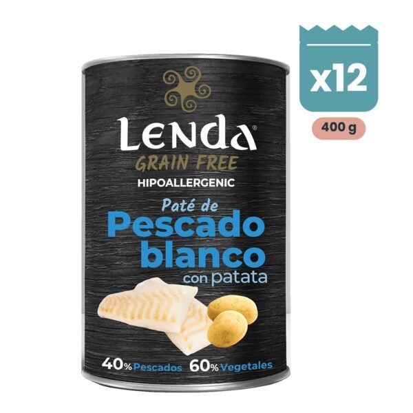 Pack de 12 latas Lenda paté de pescado blanco con patatas para perros de 400 g